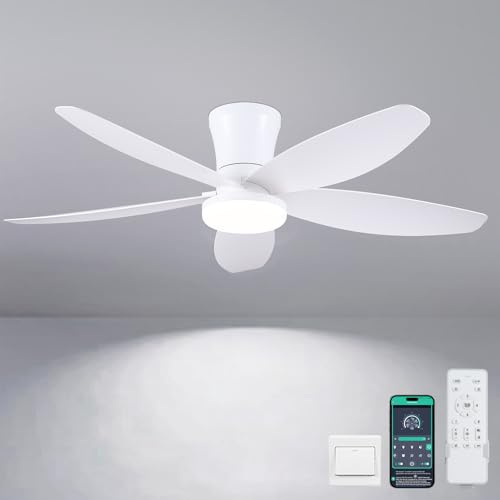 Deckenventilatoren mit Beleuchtung-106CM Bauender Deckenventilator mit LED-Beleuchtung und Fernbedienung/App-Steuerung, dimmbare LED-Deckenventilatoren für Schlafzimmer, Innen-/Außenbereich(Weiß)