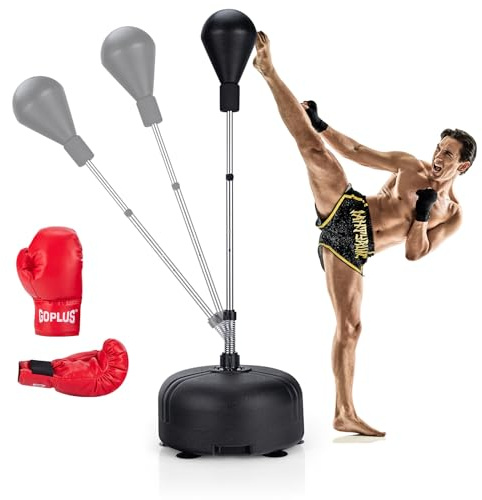 KOMFOTTEU Punchingball Boxsack auf Standfuß, höhenverstellbar 140-150 cm, Boxball auf gefülltem Boden, Boxhandschuhe, Boxset, Standboxsack für Erwachsene & Kinder (Schwarz)