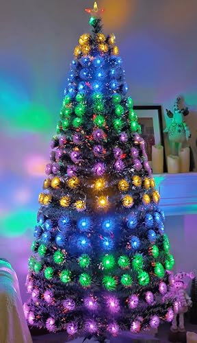 Asinse 7ft Pre-lit Fiber Optic Artificial Christmas Tree, Green and White PVC Branches with 8 function LED Lights, Elegant Topper Star, Foldable Metal Stand, Perfect for Festive Decor (7ft/210cm)