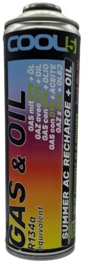 Cool5 Complete Kit Replacement Agent AC – 2 in 1 Fix Gas + Oil +70% – Thread Type A (11.5 mm) – 290 g Net – Refrigerant Replacement 500 ml – for Cars 1995-2016 +70% Extra Product