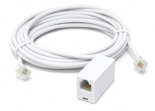 DRUT RJ11 to RJ11 ADSL 2+ Male to Male Cable, 5m, White | Female Coupler, BT Telephone, Broadband, Modem Extension Lead, Gold Plated Connectors, 16.5ft