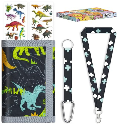 JONYEE Kids Wallet for Boys Girls 5-16, Box-Packed Boys Trifold Wallet with Lanyard and Zipper Coin Pocket for Kids Toddler Children, Novelty Sports Wallet with Stickers and Card Holder-Dinosaur(BK)