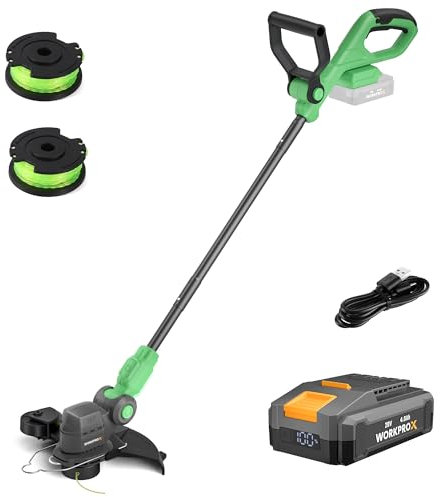 WORKPROX Cordless Strimmer with 30cm Cutting Diameter, 20V 2-in-1 Grass Trimmer and Lawn Edger with Auto Line Feed, Garden Strimmer with 90° Adjustable Cutting Head and 150° Auxiliary Handle
