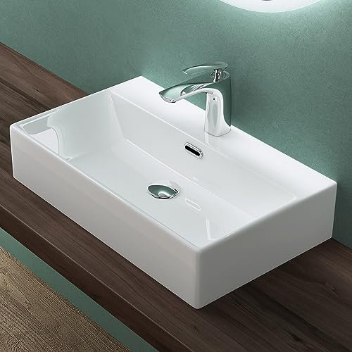 Mai & Mai Lavabo da Appoggio 60x36x13cm, Lavabo Bagno Sospeso Lavandino Bagno Brüssel206 in Ceramica con Nano Rivestimenti inclusi, Bianco