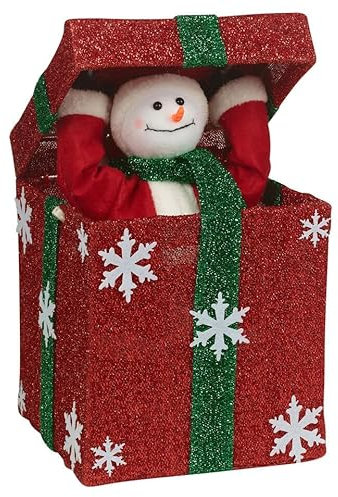 URBNLIVING Christmas Santa Figure Teddy Pop Up Musical Tunes Novelty Fun Toy Red Box & Green Bow - Snowman Gift Decoration Box Animated Ornaments for Home Fireplace Toys with Festive Lights Gift