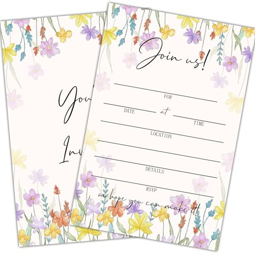 Zgogy Set Of 25 Invitations Cards - You Are Invited, Purple Floral Fill-In Style Invited, Invitation Cards For Bridal Shower Birthday Party Baby Shower Graduation -02