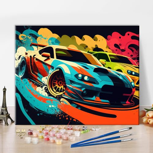 TISHIRON Peinture par numéros coloré à carreaux voitures de course adultes tableau de couleur pour débutants dessin de voiture de course peinture avec 3 pinceaux peinture sur toile peinture à l'huile