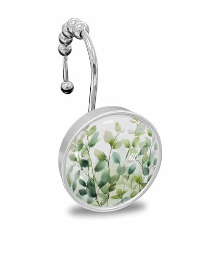 Shower Curtain Hooks Set of 12 Spring Leaves Watercolor Plant Crystal Glass Shower Curtain Rings for Bathroom Decorative Stainless Steel Rust Proof Roller Shower Curtain Hangers