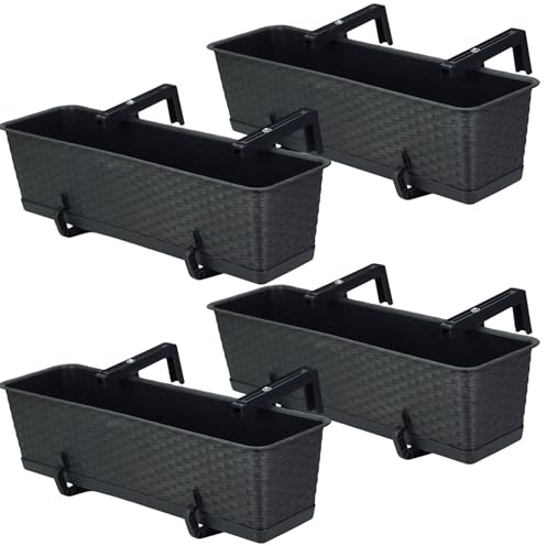 DIKEL Blumenkasten Balkon Set 4 X 59 cm x 17 cm | Pflanzkasten wetterfest mit Untersetzer und Halterung | Balkonkasten in Rattanoptik für die stilvolle Bepflanzung von Terrasse und Balkon | Anthrazit