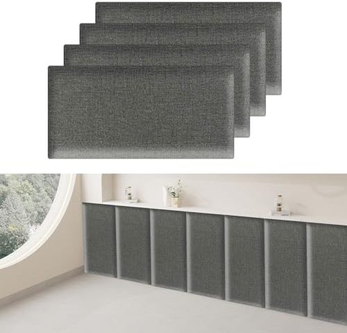 KAHCOP 4 Stück Wandpaneele gepolstert, Baumwolle und Leinen Wandkissen 40x20 cm, Einfache Montage ohne Bohren, Reduziert Schall und Verbessert Akustik, Pflegeleicht (Dunkelgrau)