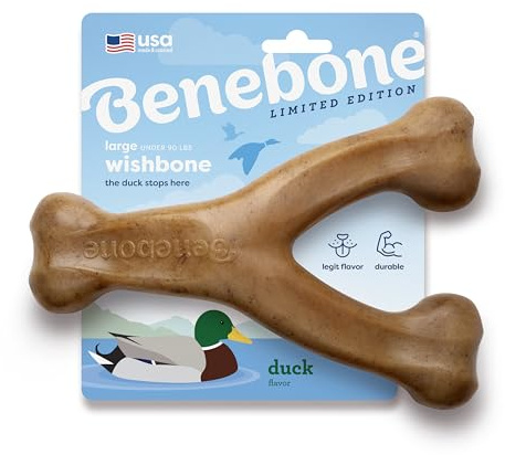 Benebone Wishbone – Giocattolo da masticare per cani, resistente, per masticatori aggressivi, gusto anatra, Made in USA, Taglia L