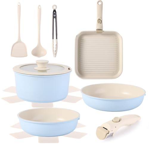 12pcs Pots and Pans Sets Non Stick, Cookware Set with Detachable Handle, Induction Pan Set for RV Cookware,Oven Safe, PFOA Free（Blue