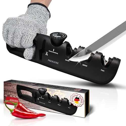Proluxe® Profi Messerschärfer mit Winkelführung & Scherenschärfer – inkl. Schnittschutzhandschuhe – 4-Stufen manueller Messerschleifer für Küchenmesser, Damastmesser & Scheren – Diamant Schleifgerät