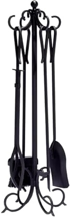 Ensemble d'outils de cheminée 5 pièces avec support - Accessoires essentiels comprenant pince, pelle, tisonnier et brosse pour un entretien efficace de la cheminée et du poêle à bois