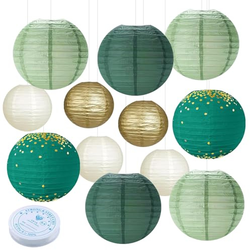 12 Stück Grün Gold Papierlaterne Lampion, Salbeigrün Papierlampion mit 50m Angelschnur, Papierlaterne Rund Hängende Papierlaternen für Hochzeit Gartenparty(Ø 20cm/25cm/30cm)