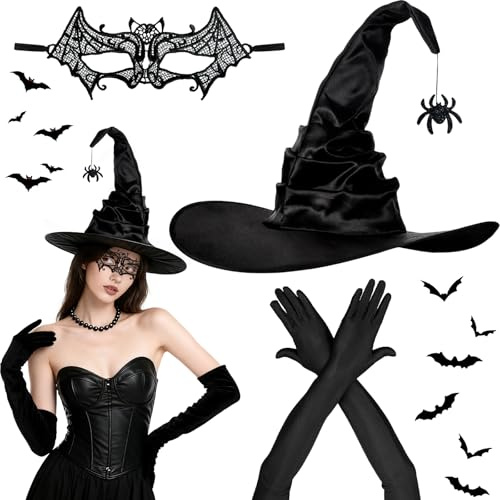 POWZOO Cappello da Strega per Halloween,Cappello Strega di Pieghevole,con Maschera,Costume,per Guanti,Carnevale,Cosplay,Mascherata.
