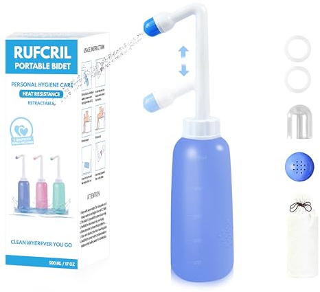 RUFCRIL Peri-flaska, bärbar bidé med infällbart munstycke, handhållen bidé med 2 tätningsringar och resepåse, nödvändigheter för postpartum och perinealvård, hemorrojid- och hygienrengöring, 500 ml