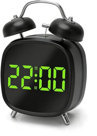 FARYODI Retro Metall Doppelglockenwecker, LED Doppelglockenwecker mit Große Ziffern Display Kalender und Temperaturanzeige, für Wecker laut für Tiefschläfer, Kinder, Erwachsene, Senioren (Schwarz)