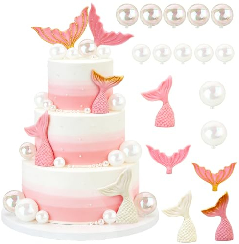 Mermaid Tail Cake Topper 17pcs Mermaid Cake Decorations with White Pearl Balls Pink Fishtail Under the Sea Party Fishtail Cakes Toppers for Girl Kid Birthday Baby Shower (Pink)