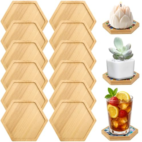 HZOUHONG Bambu underlägg 12 stycken mosaik-underlägg trä, tomma golvskålar för hantverk, träunderlägg, träbricka liten för växter, dryckeskoppar, ljus, gör-det-själv-mosaikbehov