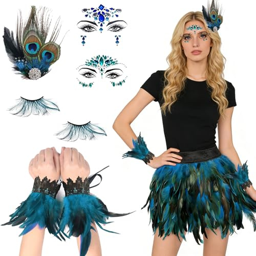 Pfau Kostüm Damen,Pfauenfedern Haarschmuck,Pfau Haarschmuck,Pfaus Kostüm Accessoires,Glitzersteine Gesicht,Pfaus Accessoires,Feder Manschette Handgelenk,für Karneval,Fasching,Mottoparty