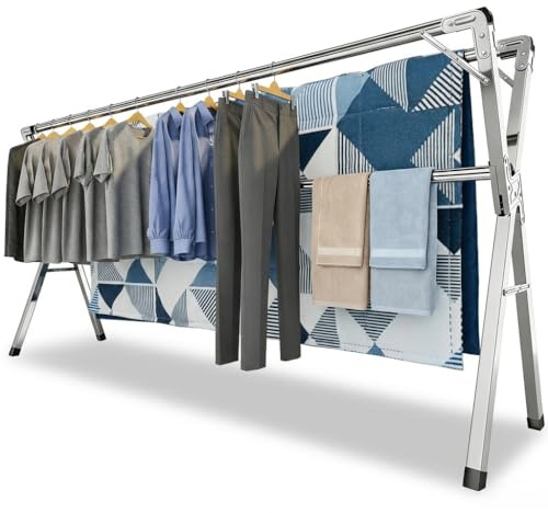 Étendoir à linge pliable inox type tancarville, etendoir linge interieur et exterieur, sechoir a linge reglable 140–240 cm, grande capacite, jusqu’à 60 kg par barre, avec 40 crochets coupe vent