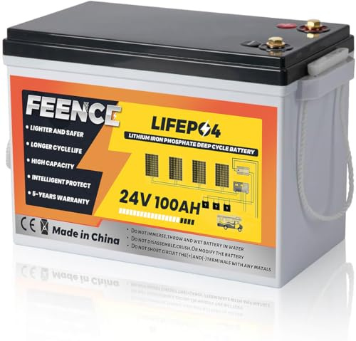FEENCE Batterie au lithium LiFePO4 de petite taille 24 V 100 Ah avec BMS 100 A intégré, idéale pour les moteurs de trolling 24 V (bateaux de basse), les camping-cars et les applications hors réseau