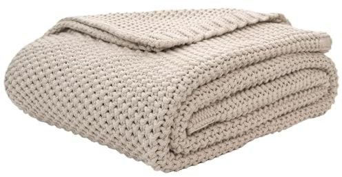 ENWWCH Grobe Überwurfdecke mit Zopfmuster, leichte Baumwolldecke in Beige for Sofa, Couch und Bett Für Strand