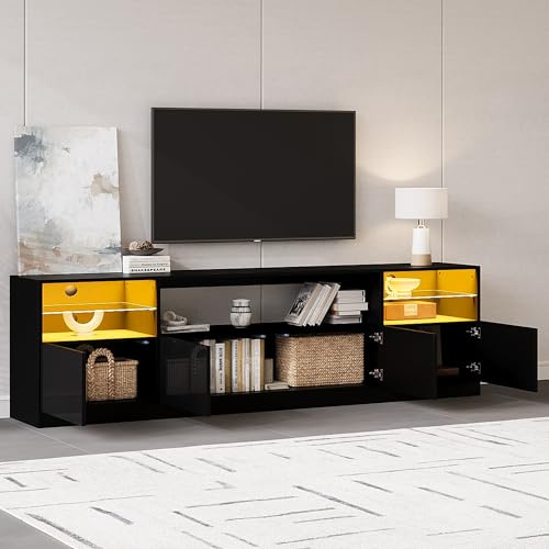 Yihomfy Meuble TV Noir Laqué 180 cm, Meuble Tele LED avec 4 Portes Battantes, 8 Compartiments, pour TV Jusqu’à 75 Pouces, 180x35x60 cm