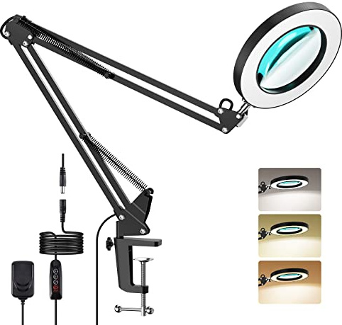 YOUKOYI LED Vergrößernde Lampe 5X Glas Metall Schwenkhebel Schreibtischlampe Stufenlos Verdunkelung 3 Farbmodi Blendfreie Speicherfunktion Gut zum Lesen/Büro/Arbeit Schwarz