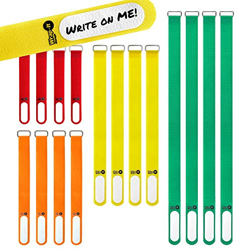 Wrap-It Storage Cinch-Straps (Assorted 16 Pack) Hook and Loop Straps with Metal Buckles and Write on Labels for Easy Cord Identification, Waterproof, Reusable, Multi-Purpose, Adjustable