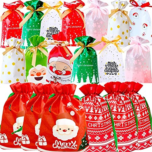 KAHEIGN 46er Geschenkbeutel Set, 10 Stile, 2 Größen, Weihnachten Geschenktüten mit Kordelzug & Band, Wiederverwendbar für Süßigkeiten & Party