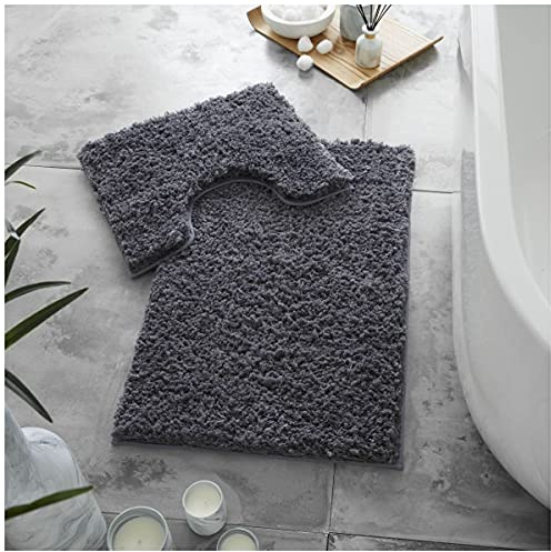 GC GAVENO CAVAILIA Luxury Super Soft 2 Piece Zero Twist Bath Mat Pedestal Set Non Slip, Extra Absorbent 100% Polyester Bathroom Toilet Rug, Regular (50x80, 50x40 cm), Charcoal