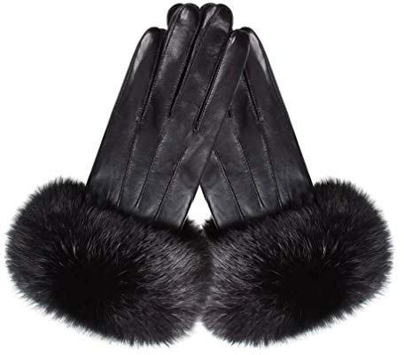 Damen Winter Touchscreen Schaffell LederHandschuhe mit Kaninchenfell S77