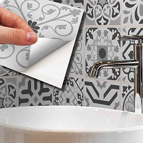 WALPLUS Stickers Carrelage Credence Adhesive Pour Cuisine Stickers Muraux Auto-Adhésif Résistant à l'huile Imperméable à l'eau Réutilisable Amovible Novi Light Grey Cement Azulejo 24pcs 15cm(6)