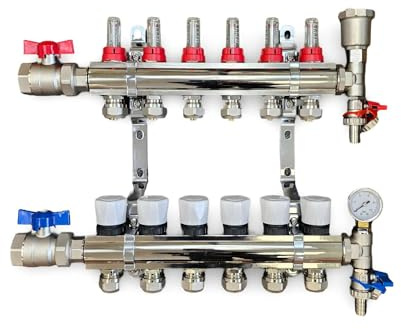 Wärmer System 6 Port Underfloor Heating Complete Manifold with Pipe Connections, Ball Valves, Automatic Air Vent and Pressure Gauge End Unit (16mm eurocones)