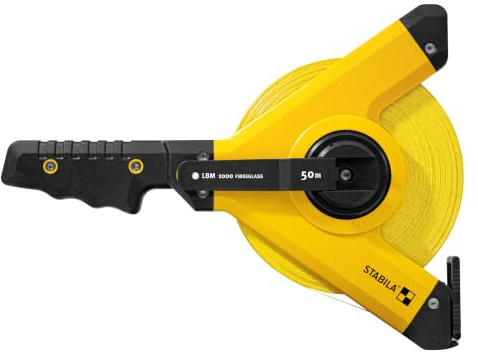 Stabila Rahmenbandmaß LBM 1000 FIBREGLASS, 50 m, Glasfaser-Messband mit metrischer Skala und Knickschutz, Universalhaken, bruchsicherer Rahmen, MID-Genauigkeit, LBM 1000, 50 m, Schwarz/Gelb