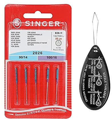 Singer Jeans/Denim 2026 Agujas para máquina de coser, paquete de 5, tamaño: varios tamaños 90/14 y 100/16, incluye enhebrador de agujas grande