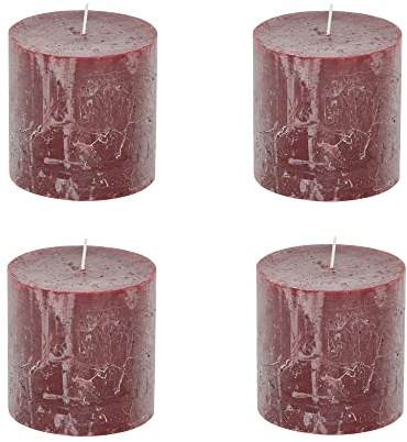 Stumpenkerzen Rustic 4er Set - Stumpenkerze, Blockkerze, Kerze, Adventskranz, Advent - Kein Ruß - Brenndauer: 75 Std. - viele Farben - 10x10 cm (Weinrot)