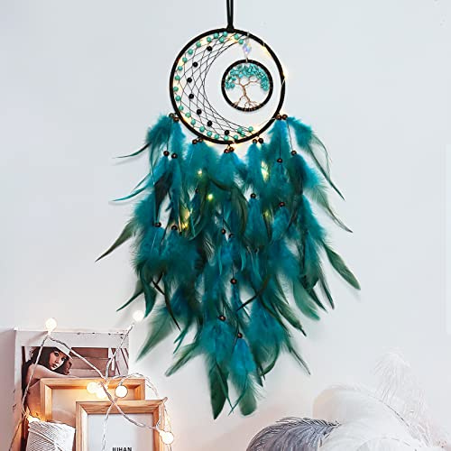 KHOYIME LED Dream Catcher Light Up Tree of Life Dreamcatcher with Healing Crystal Stone Handmade Feather Wall Hanging for Bedroom Bohemian Home Decor Wedding Ornament Craft Gift (Blue&Green)