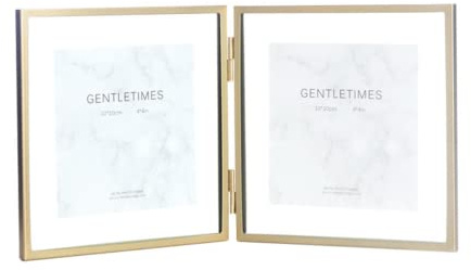 Gold Double Folding Photo Frame,Hinged Picture Frames with Glass Front, Ornament Plant Specimen Clip,Double Display Holder Desk Vertical Floating Frame 4x4 or 5X5 -Metal Fold Double Page
