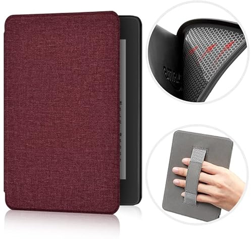 ERUNTO Hülle für 6,8-Zoll-Kindle Paperwhite and Paperwhite Signature Edition, mit Stoffstruktur und Handschlaufe auf der Rückseite, magnetische Hülle mit intelligenter Weck-/Schlaffunktion(Weinrot)