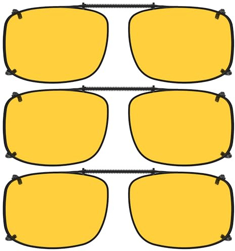 Eyekepper 3 Pack Polarized Yellow Lens Clip On Sunglasses With Spring Draw Bar Large Night Driving Wear Over Glasses 57x39MM