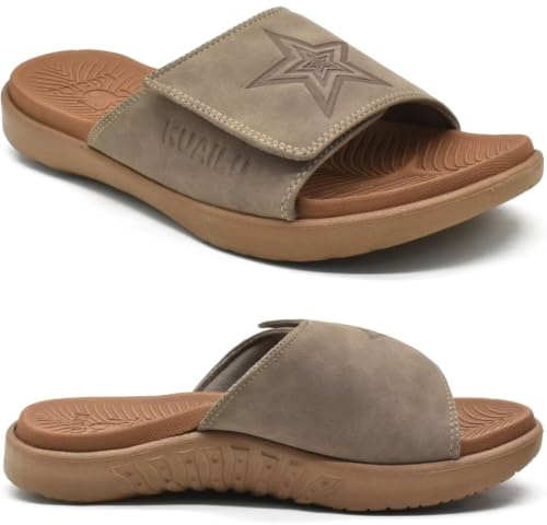 KuaiLu Mens Slides Soft Cushion Sport Sandals with Plantar Fasciitis Arch Support Orthotic Adjustable Open Toe Summer Slippers Slip on Indoor Outdoor