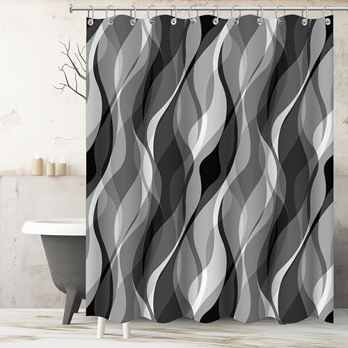 White and Grey Shower Curtain for Bathroom White and Black Shower Curtain Fabric Modern Abstract Striped Minimalist Bath Curtains Waterproof Shower Curtains Set, Black Gray White, 72 x 72 Inch