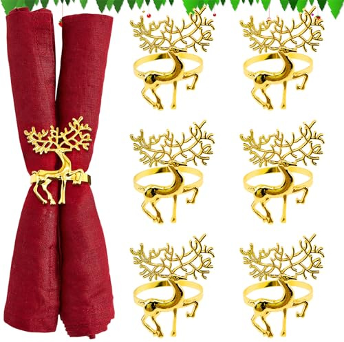 NOCHME Serviettenringe Weihnachten Rentier 6stk Elegant Metall Elch Serviettenhalter Weihnachts Tischdekoration Ornamente Serviettenring Für Abendessen Mittagessen Christmas Party (Gold)