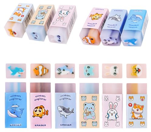Radiergummi Set 6 Stück für Kinder, Radiergummi mit Muster Fun Radiergummi mit Intarsien für Schule Zuhause, Büro Radiergummis Schulbedarf Schreibwaren Radiergummi für Geschenke für Kinder Studenten
