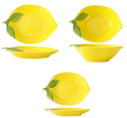KALWEL, Lot de 3 plateaux à apéritif, assiettes à salade, assiettes à collation, petites assiettes à dessert, plateau de service à condiments, vaisselle mignonne en forme de citron