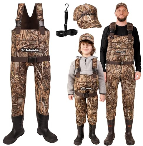 DaddyGoFish Neoprene Chest Waders for Kids and Adults, BootFoot, Fishing & Hunting with a Camouflage Caps, and a Wader Hanger
