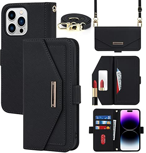 CAVOR Handykette Handyhülle kompatibel mit iPhone 15 Pro Max Hülle Mit Band,Flip Leder Geldbörse Handyhülle,[Spiegel][5 Kartenfach][Magnetisch],Klapphülle Handytasche zum umhängen - Schwarz